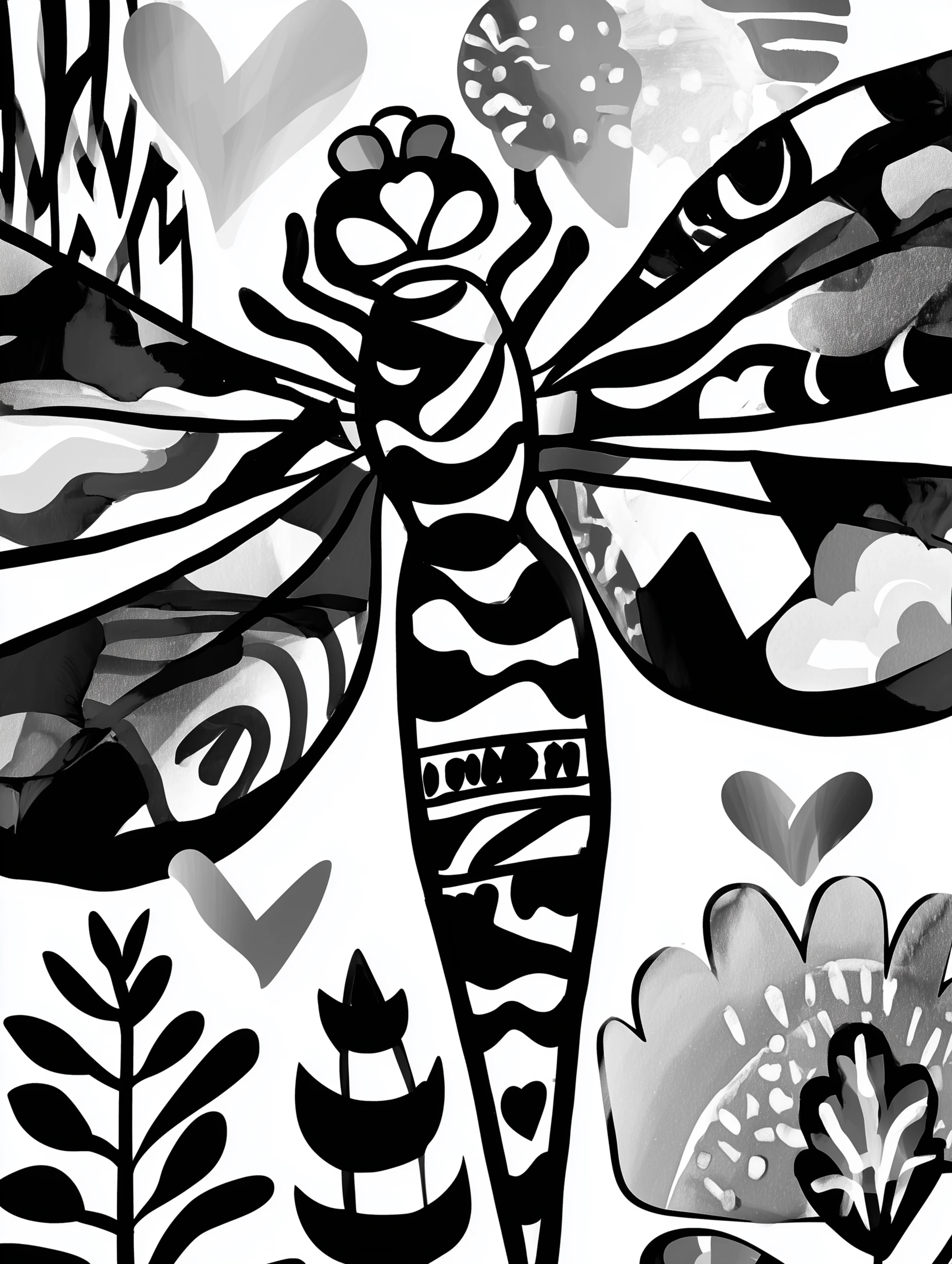 Free printable insect coloring page for adults featuring a dragonfly with line details across its wings